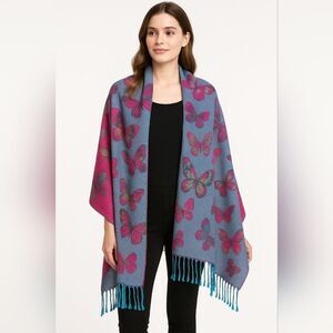 Butterfly Shawl Scarf Pink Blue Metallic 80x27 Ethereal Fringe Cyber Grunge